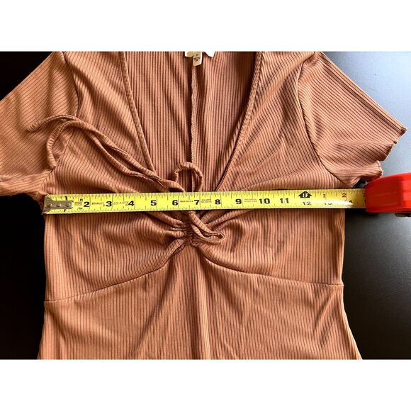 BP Tie Front Lettuce Edge Mini Dress, Tan Color Women Size M, Rib Knit Dress - Picture 10 of 13